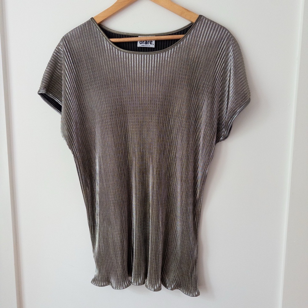 Y2K Orare Metallic Pleated Mini Dress Top Womens Stretch Glam‎ Shimmer 2000s
